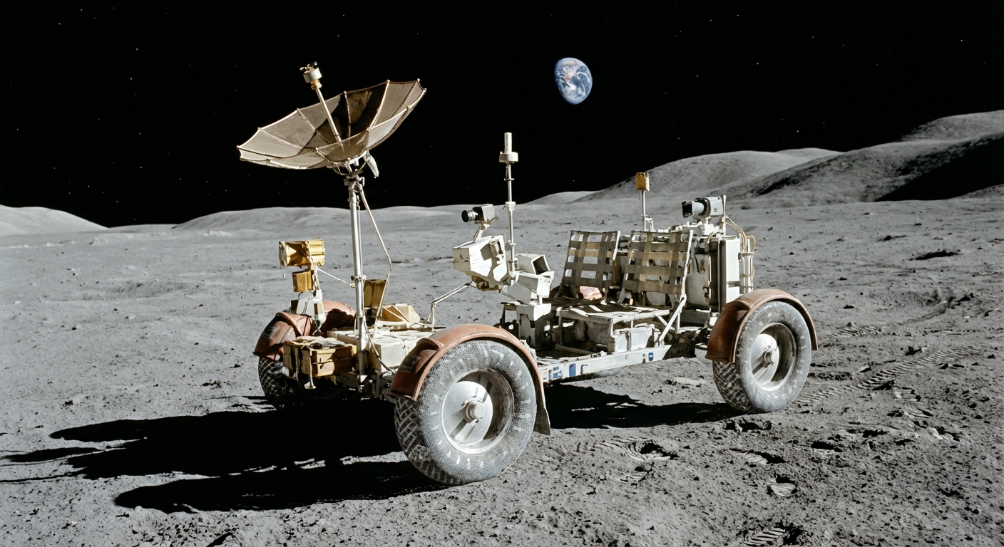 Lunar Roving Vehicle parked on the Moon's surface with mountains in the background