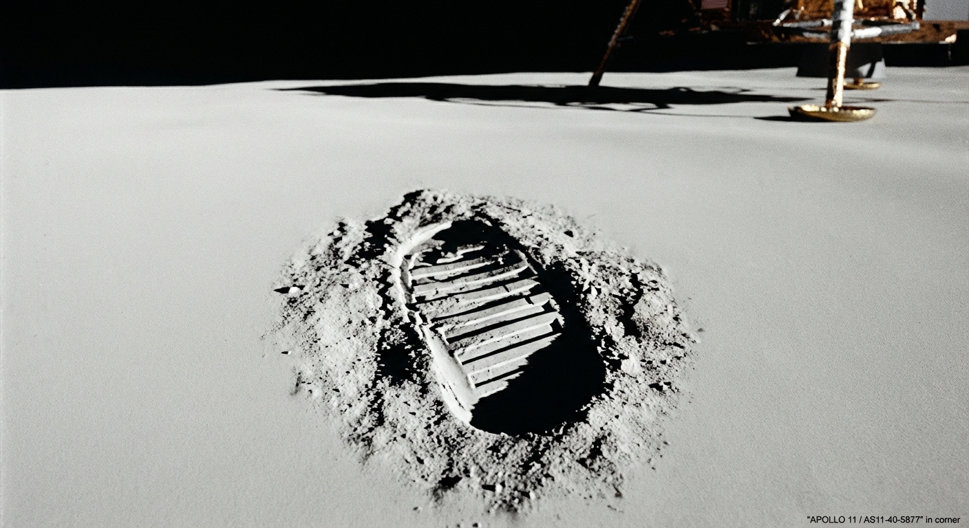 Buzz Aldrin's bootprint in the lunar soil, one of the most iconic photographs from Apollo 11