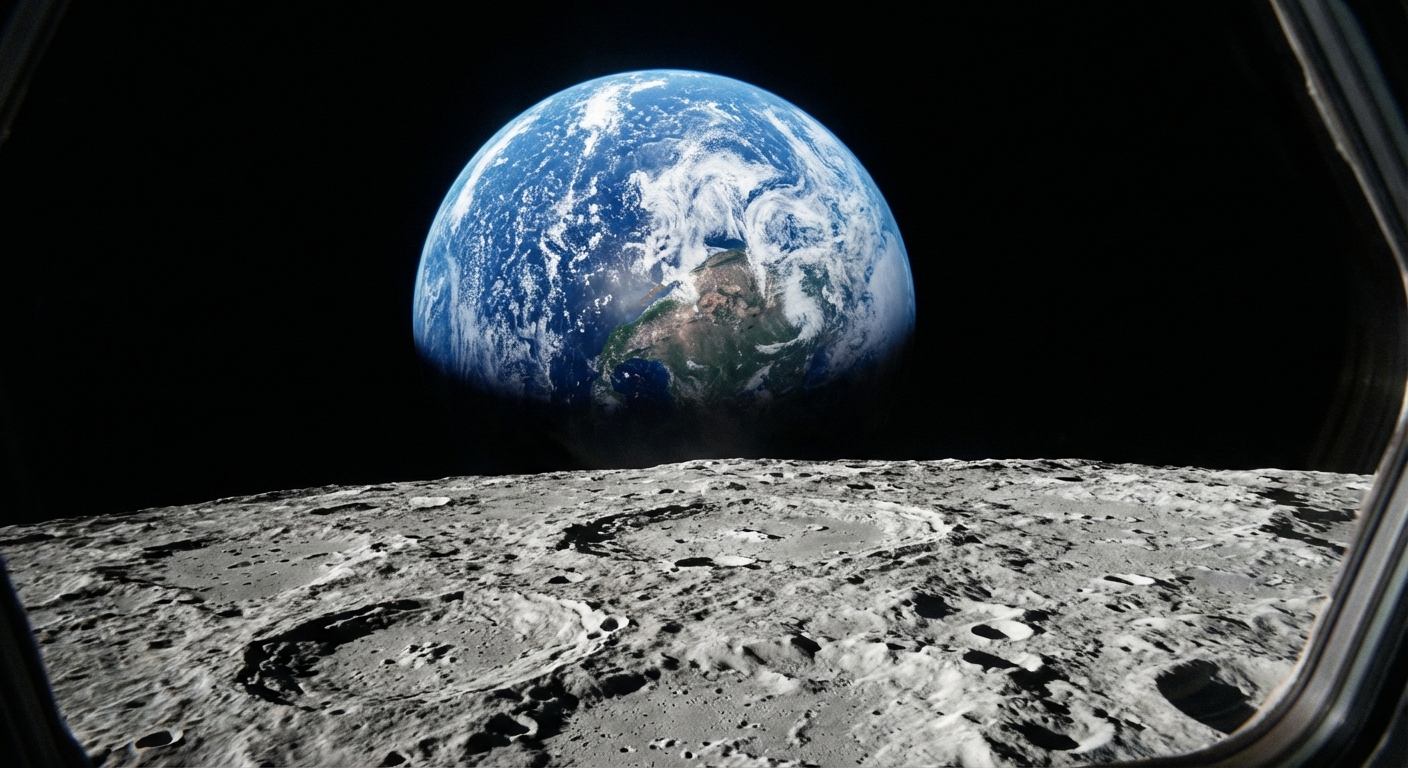 Earthrise as seen from lunar orbit, showing Earth rising above the Moon's horizon