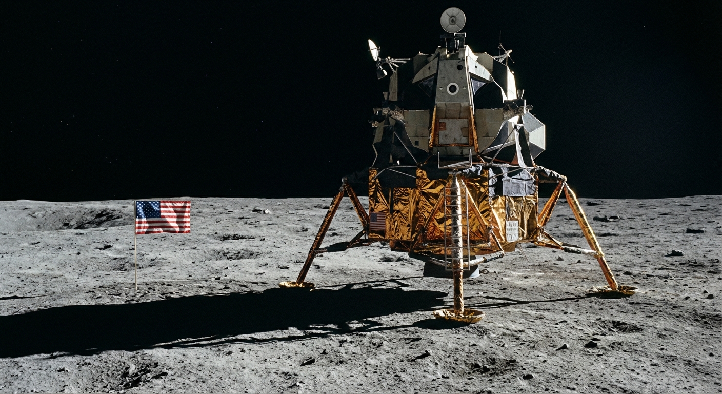 Apollo Lunar Module on the Moon's surface with an astronaut nearby