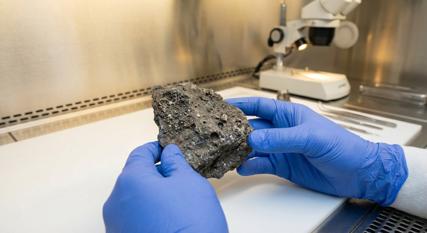 Lunar rock sample being studied under laboratory conditions, showing the unique crystalline structure of regolith