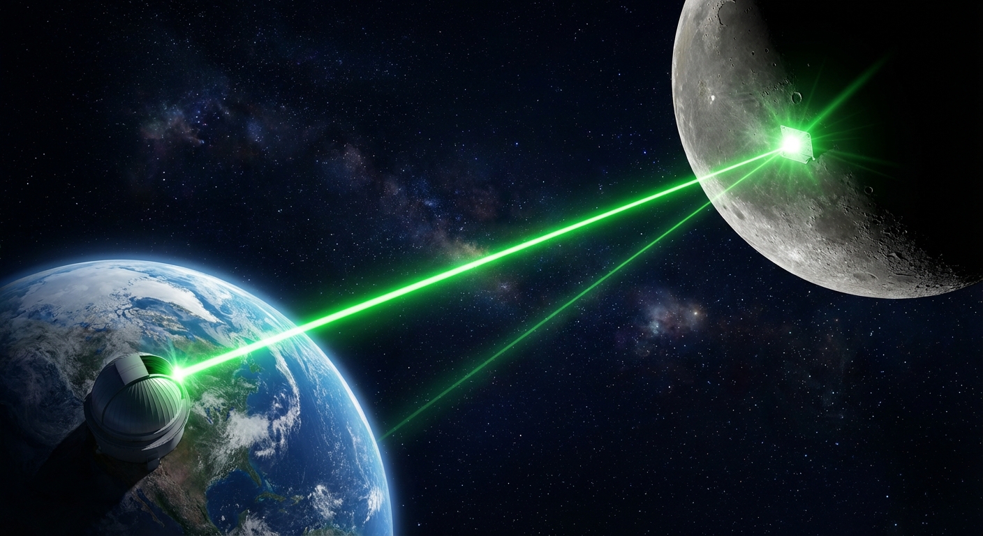 Illustration of a laser beam bouncing off a retroreflector on the lunar surface, showing the Earth in the background