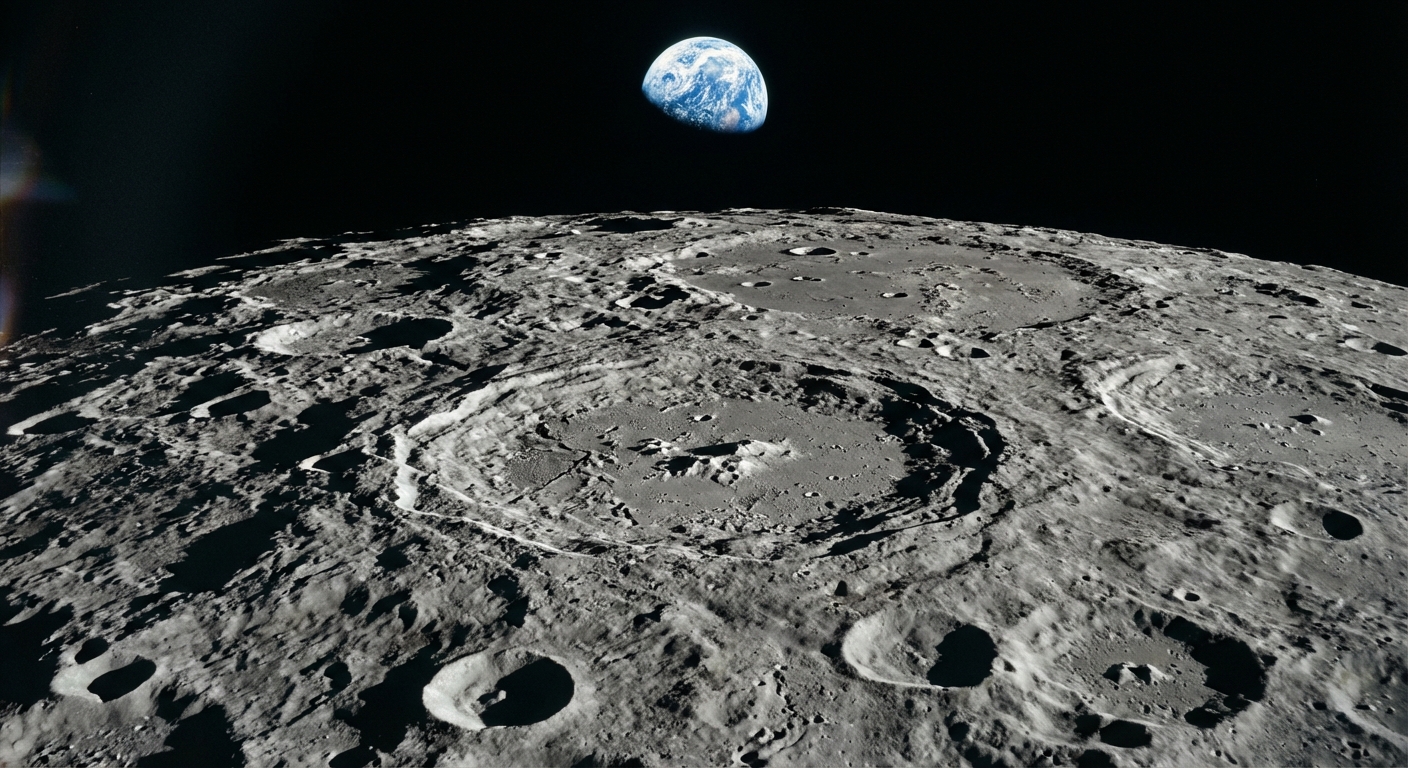 The Moon's surface as seen from orbit, showing craters and the stark lunar landscape